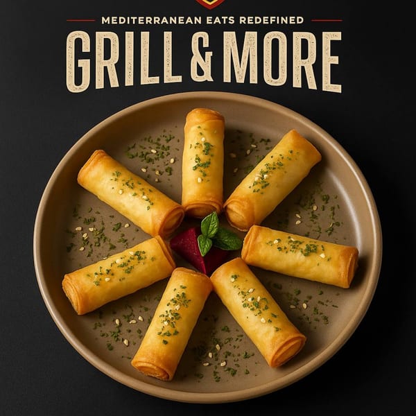 Six golden-brown Mediterranean spring rolls with herbs and sesame seeds arranged around a beet dip.