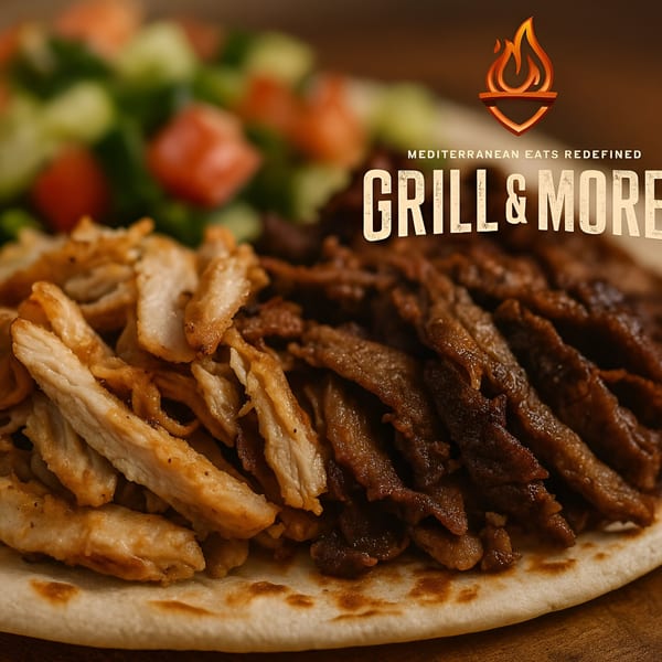 Grill & More Mediterranean chicken and beef shawarma on pita bread with a side salad.